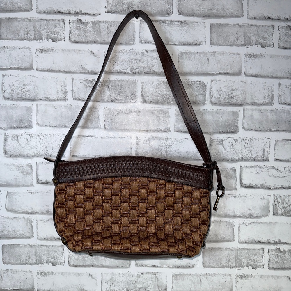 Vintage Fossil Brown Leather Basket Weave Shoulder Bag Women's Purse 75082